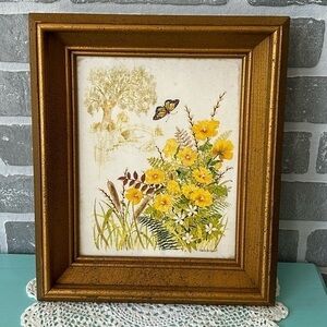 1970s Vintage, Gloria Eriksen Wall Hanging, butterfly & Wildflowers Gold Framed
